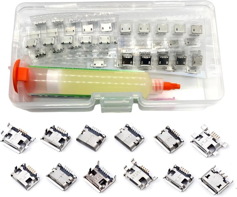 ProCircFix 60-Piece 12-Types Micro USB Female Socket Kit with Soldering Flux, 5-Pin Sockets & USB Adapters for Mobile Phone Toy Circuit Board Welding Maintenance (Solder Dip SMD SMT) - Image 1